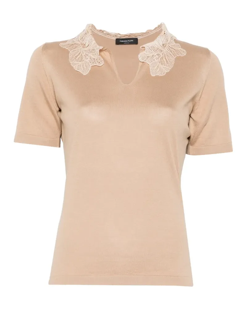 Fabiana Filippi lace-detail V-neck T-shirt - Braun Braun