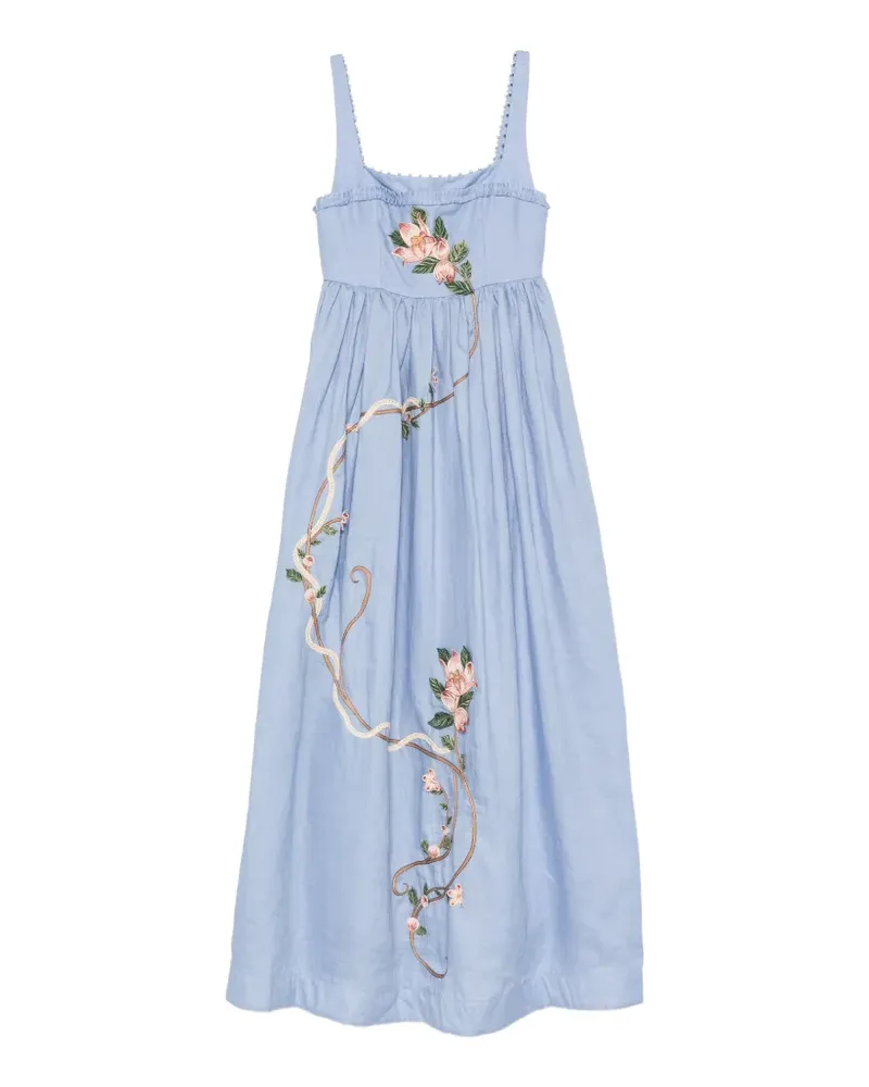 AGUA BENDITA Barbara Maxikleid aus Leinen mit Blumenstickerei - Blau Blau