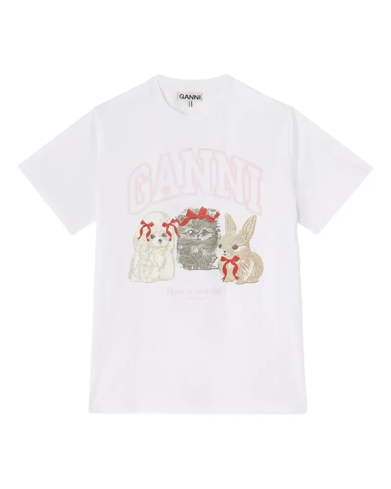 Ganni T-SHIRT BASIC COTTON JERSEY CUTE ANIMALS - Weiß Weiß