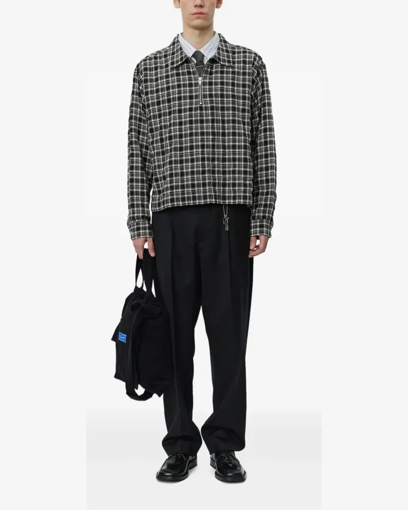 Mfpen Kariertes Hemd mit Viertelreißverschluss - Schwarz Schwarz