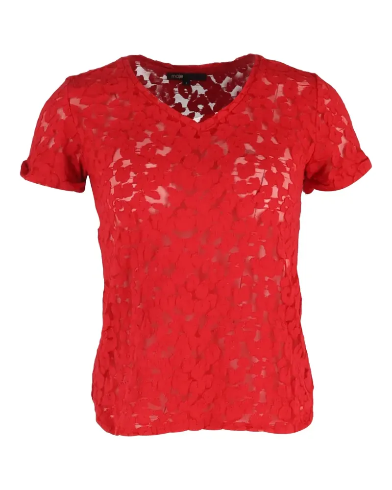Maje T-Shirt mit V-Ausschnitt aus Spitze - Rot Rot