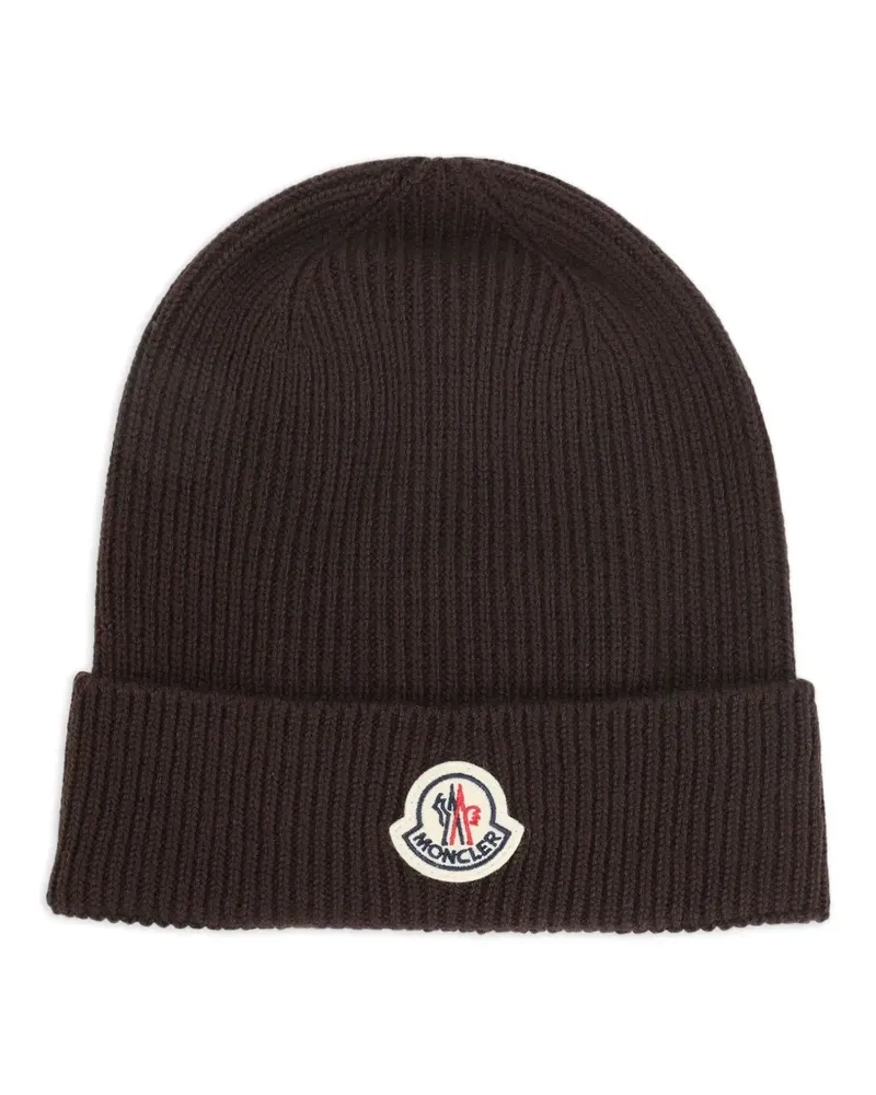 Moncler Gerippte Beanie mit Logo - Braun Braun