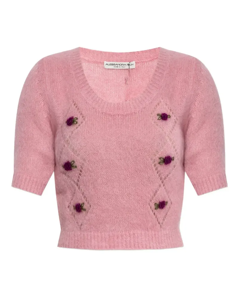 Alessandra Rich T-Shirt mit Rosendetail - Rosa Rosa
