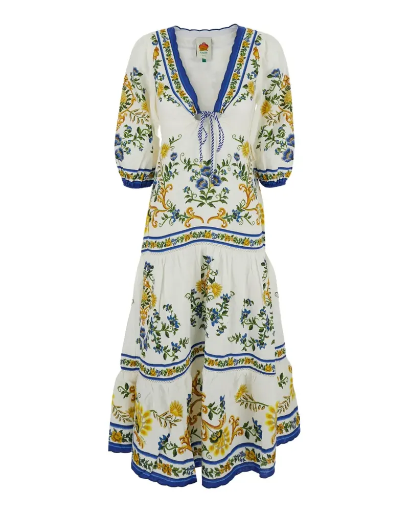 FARM Rio Emily Midikleid mit Kordelzug aus floralem Tapestry-Stoff in Off-White - Weiß Weiß