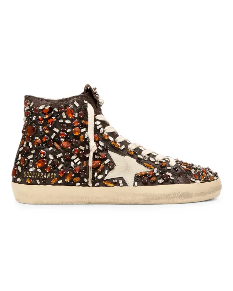 Golden Goose Francy in dark brown leather with multicolor rhinestones and white suede star - Braun Braun