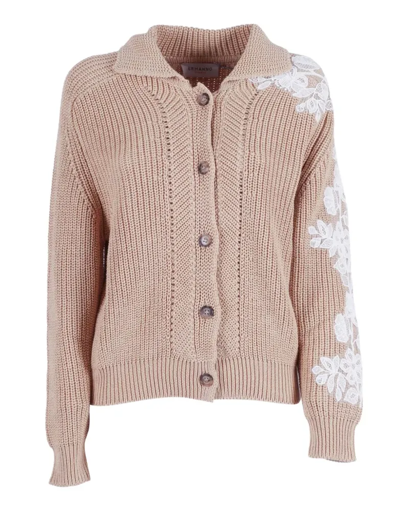Ermanno Scervino lace-patch chunky-knit cardigan - Nude Nude