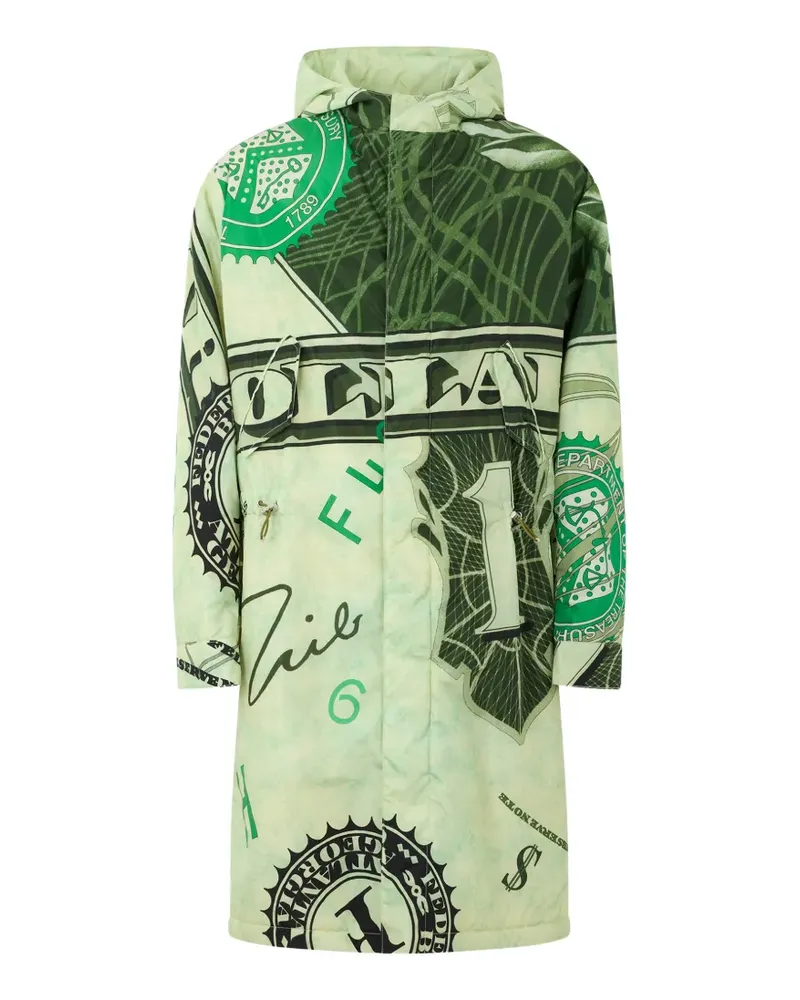 Moschino banknote-print hooded coat - Grün Grün