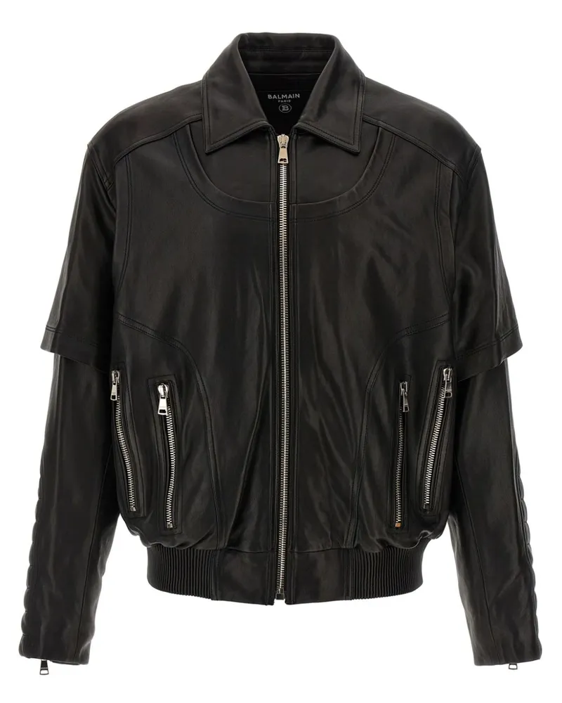 Balmain Lederjacke im Layering-Look - Schwarz Schwarz
