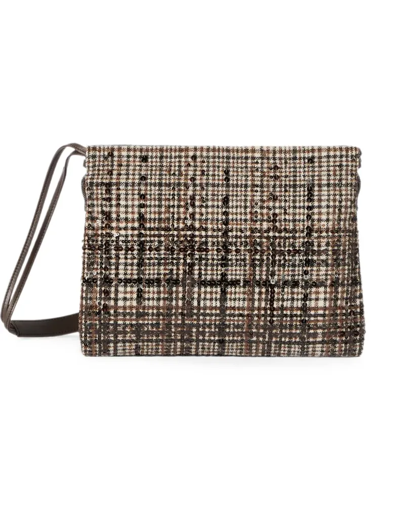 Brunello Cucinelli Tasche aus wasserabweisendem kariertem Alpaka und Wolle mit schillernder Degradé-Stickerei - Braun Braun