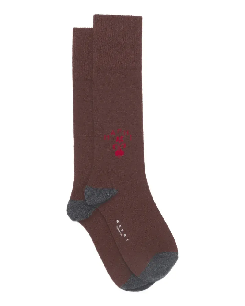 Marni deep brown wool-cashmere socks with heraldic logo - Braun Braun