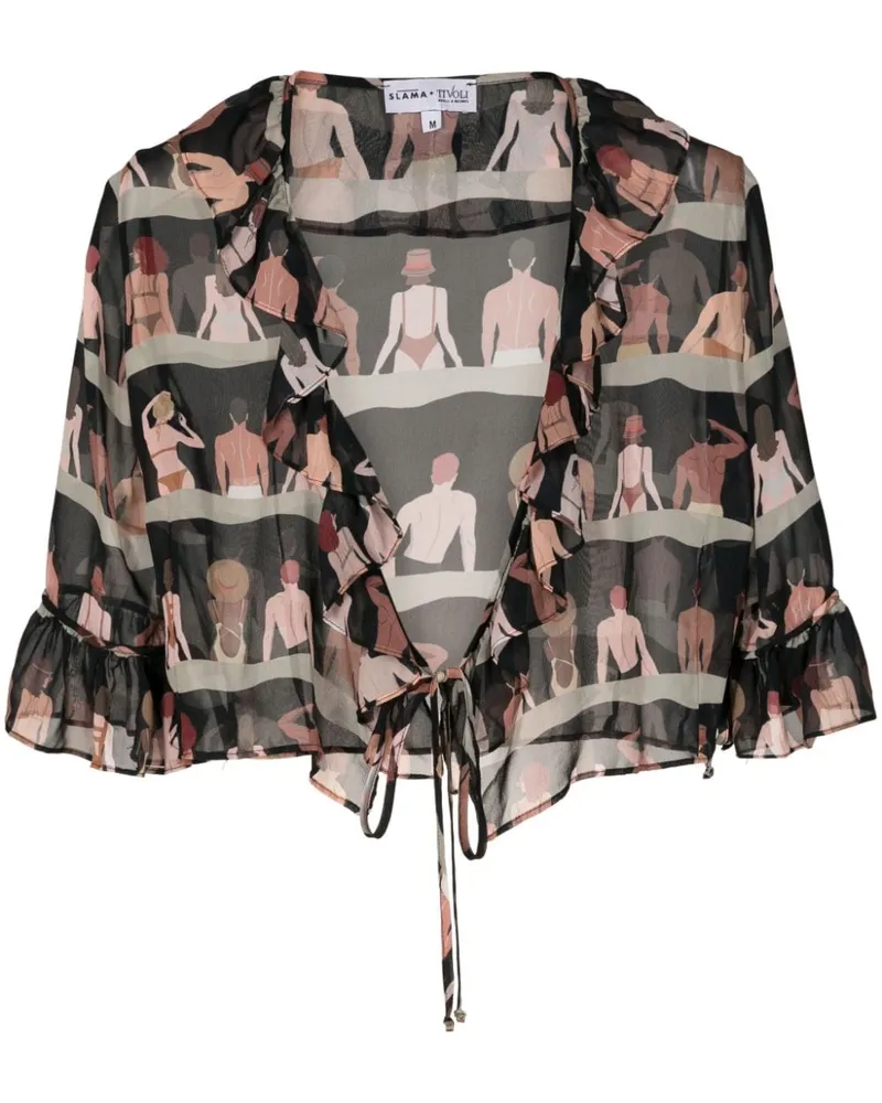 Amir Slama Cropped-Seidenbluse mit grafischem Print - Schwarz Schwarz