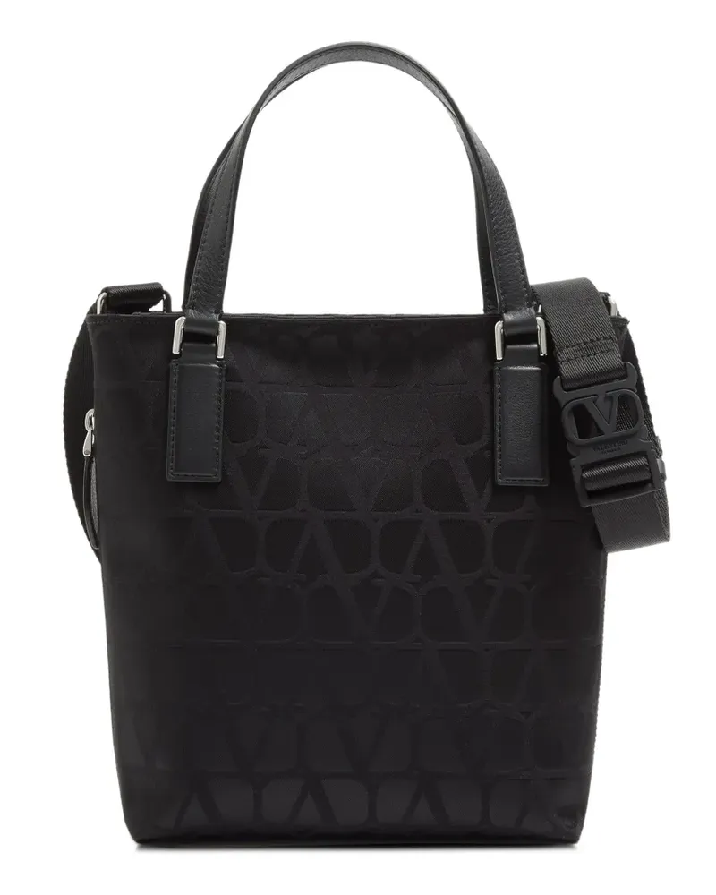 Valentino Garavani Mini Toile Iconographe Shopping Bag aus technischem Stoff mit Lederdetails - Schwarz Schwarz