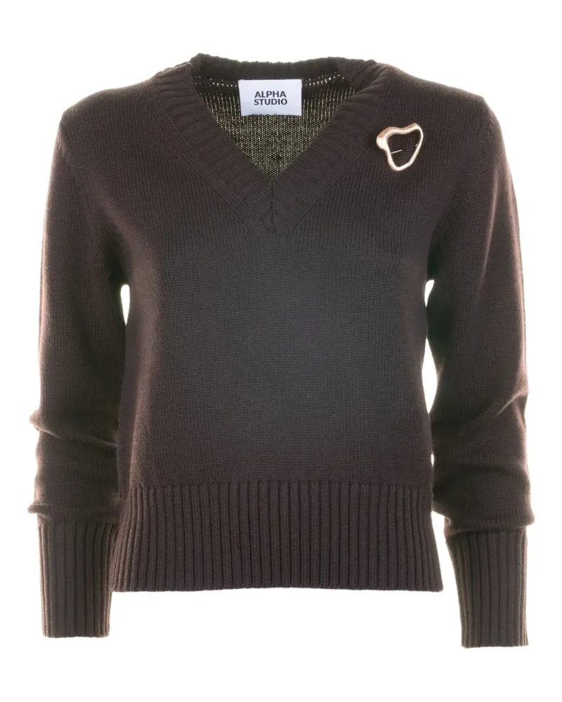 Alpha Studio V-Ausschnitt-Pullover mit Broschendetail - Braun Braun