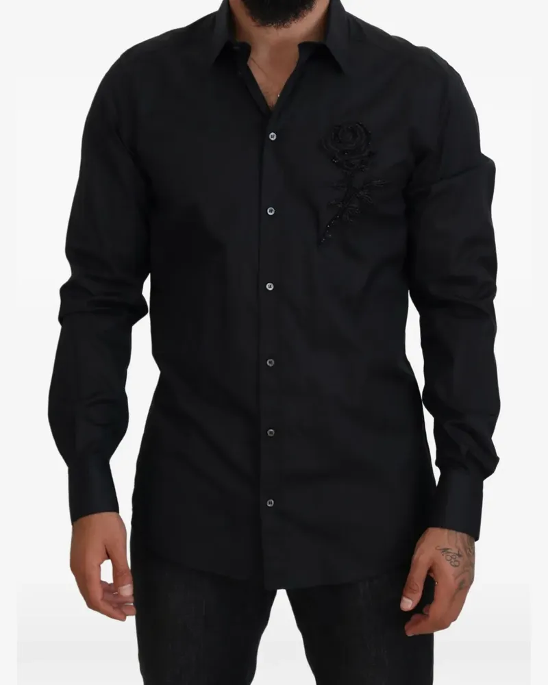Dolce & Gabbana Schmales Hemd mit Rosenstickerei - Schwarz Schwarz