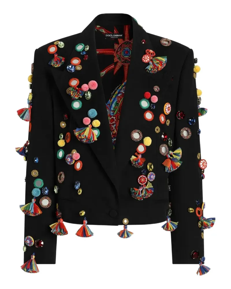 Dolce & Gabbana Einreihige Baumwoll-Drill-Jacke mit Applikationen - Schwarz Schwarz