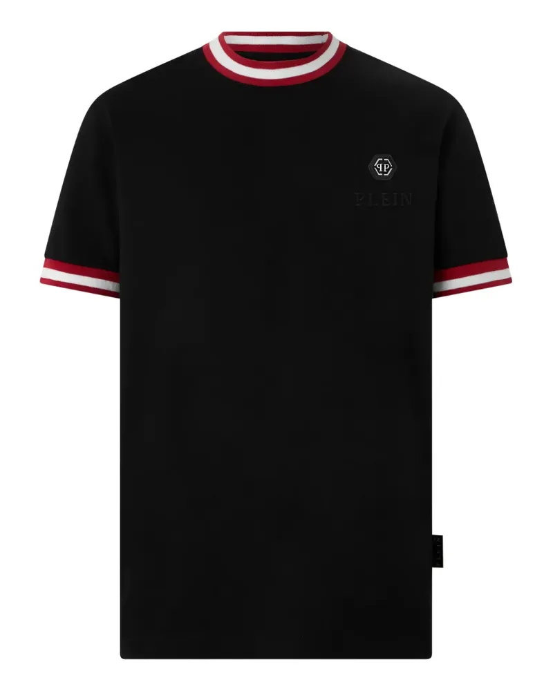 Philipp Plein Logo-T-Shirt mit gestreiftem Besatz - Schwarz Schwarz