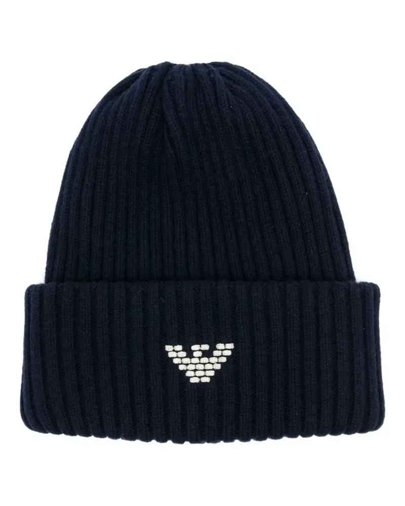 Emporio Armani Gerippte Beanie mit Logo-Stickerei - Blau Blau