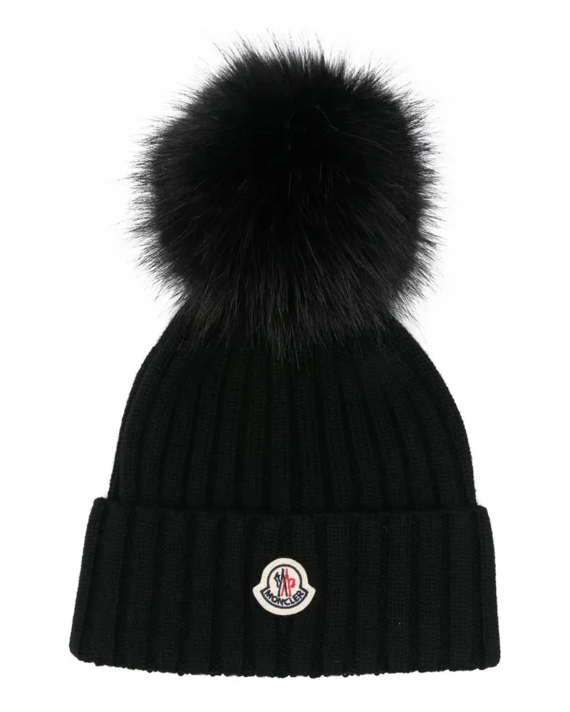 Moncler Bommelmütze mit Logo-Patch - Schwarz Schwarz