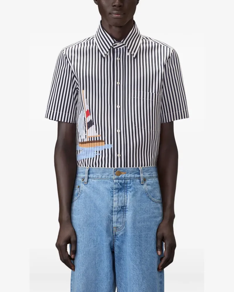 Thom Browne Gestreiftes Hemd mit Segelboot-Stickerei - Blau Blau