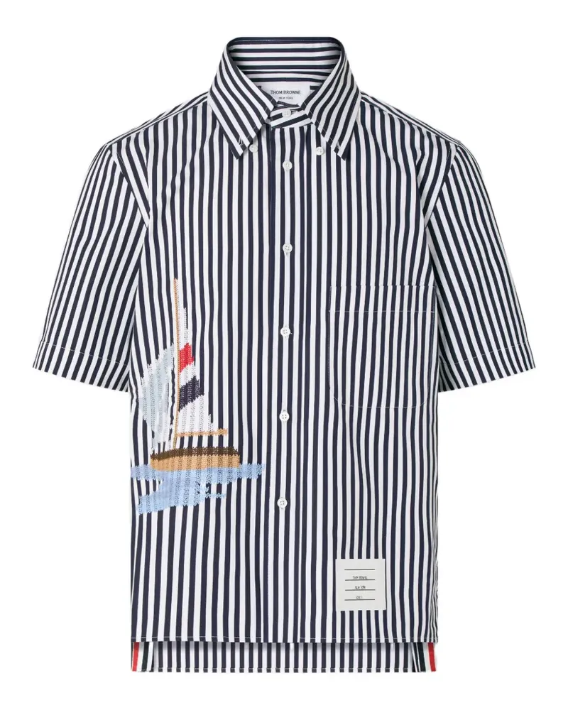 Thom Browne Gestreiftes Hemd mit Segelboot-Stickerei - Blau Blau