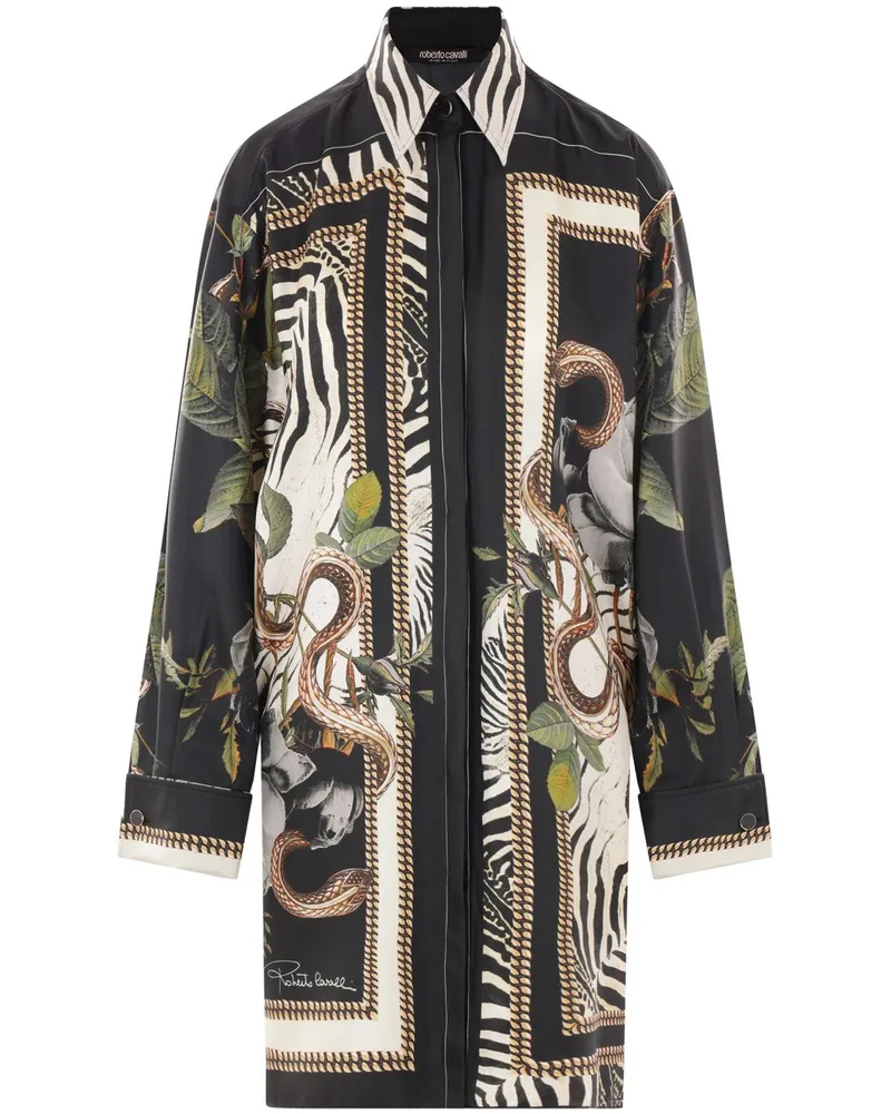 Roberto Cavalli Seiden-Hemdkleid mit Jewellery Foulard-Print - Schwarz Schwarz