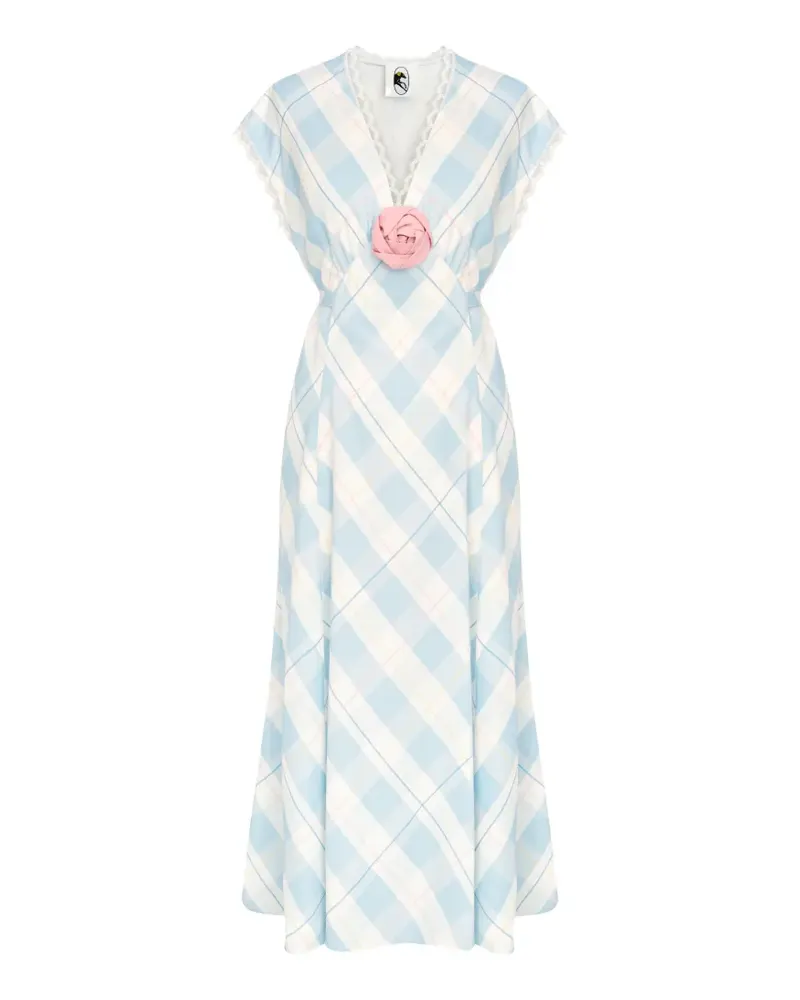 SLEEPER Genus plaid-pattern floral-appliqué midi dress - Blau Blau