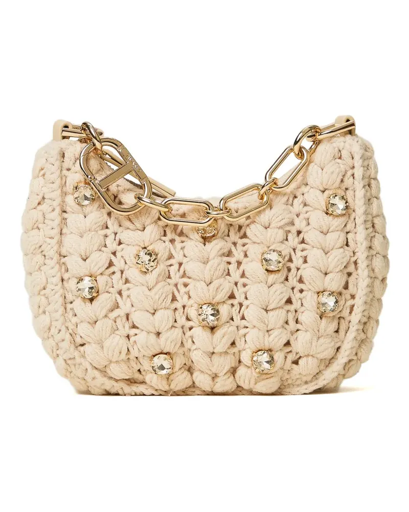 Twin-Set Kristallverzierte Schultertasche mit gehäkeltem Effekt - Nude Nude