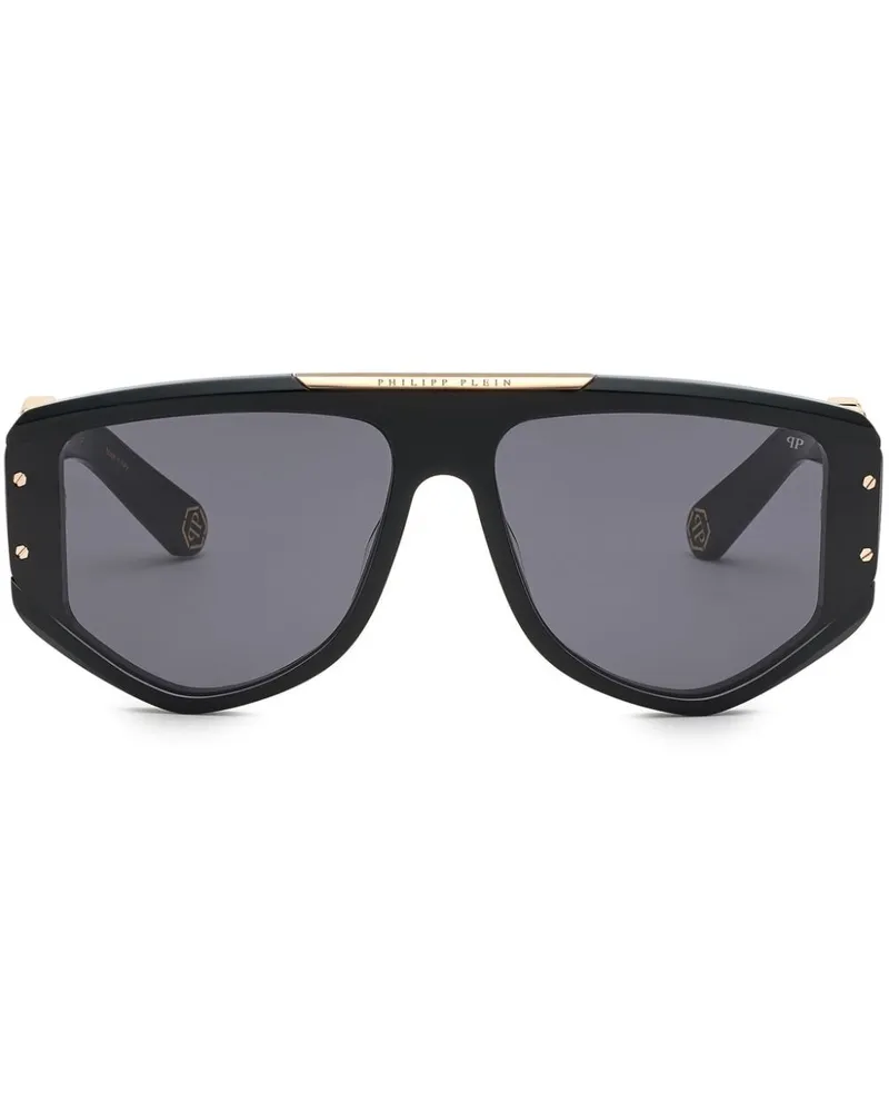 Philipp Plein Eckige Sonnenbrille mit Logo-Schild - Schwarz Schwarz