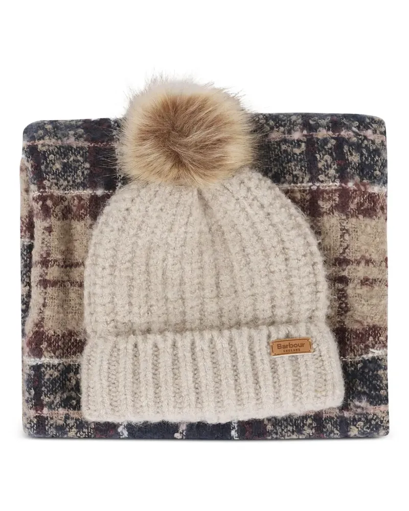 Barbour pompom-detail tartan-scarf beanie set - Nude Nude