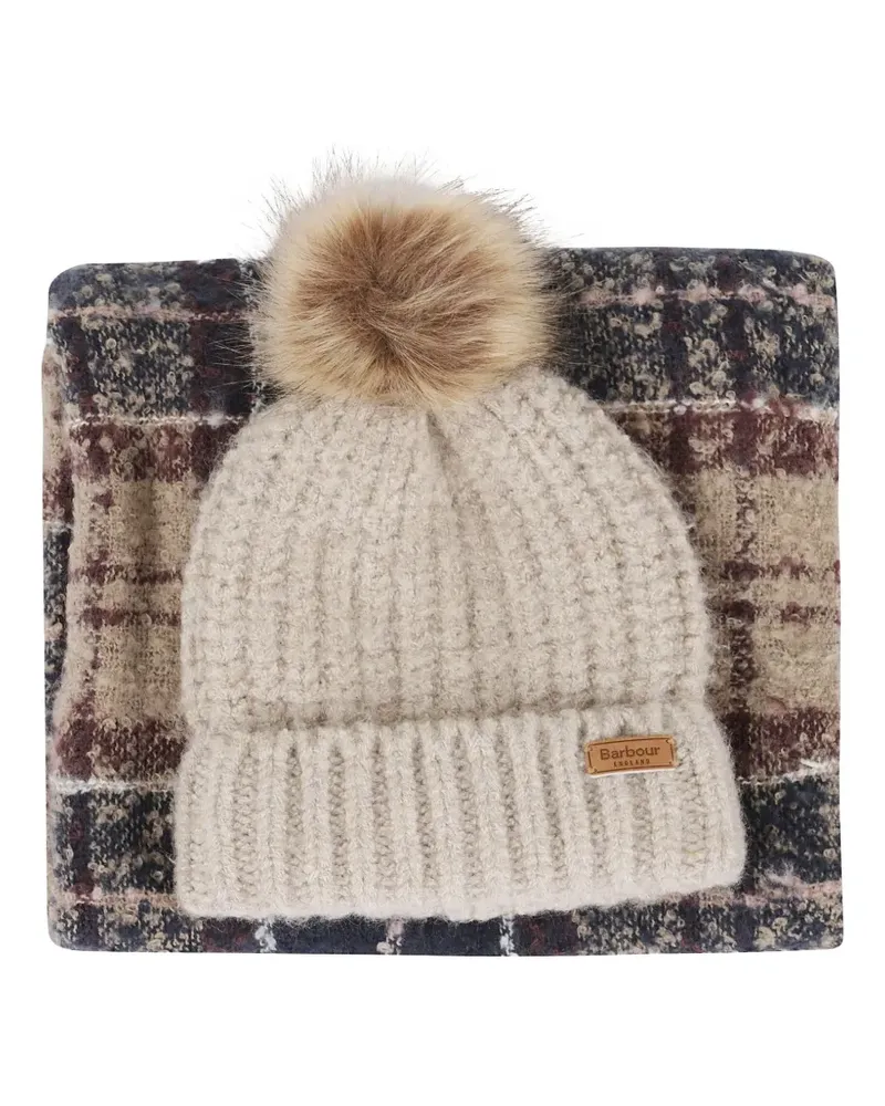 Barbour pompom-detail tartan-scarf beanie set - Nude Nude