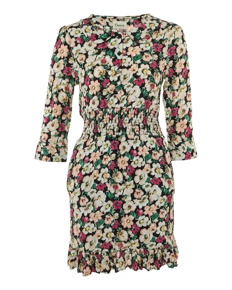 Ganni floral-print flounce-hem dress - Schwarz Schwarz