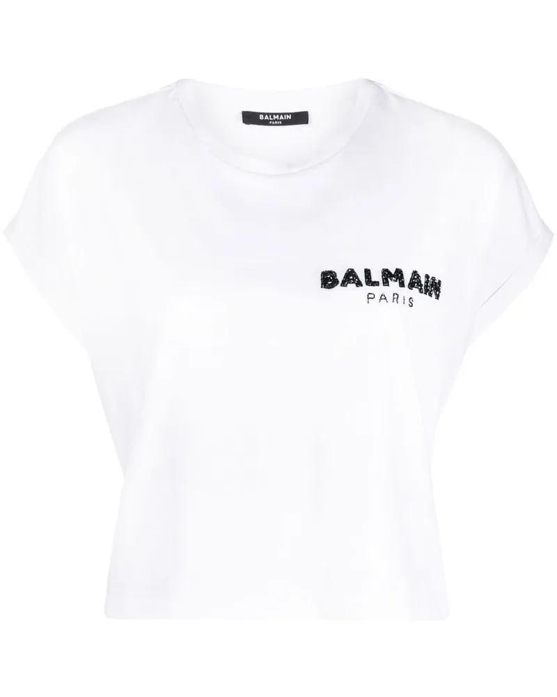 Balmain T-Shirt mit Pailletten-Logo - Weiß Weiß