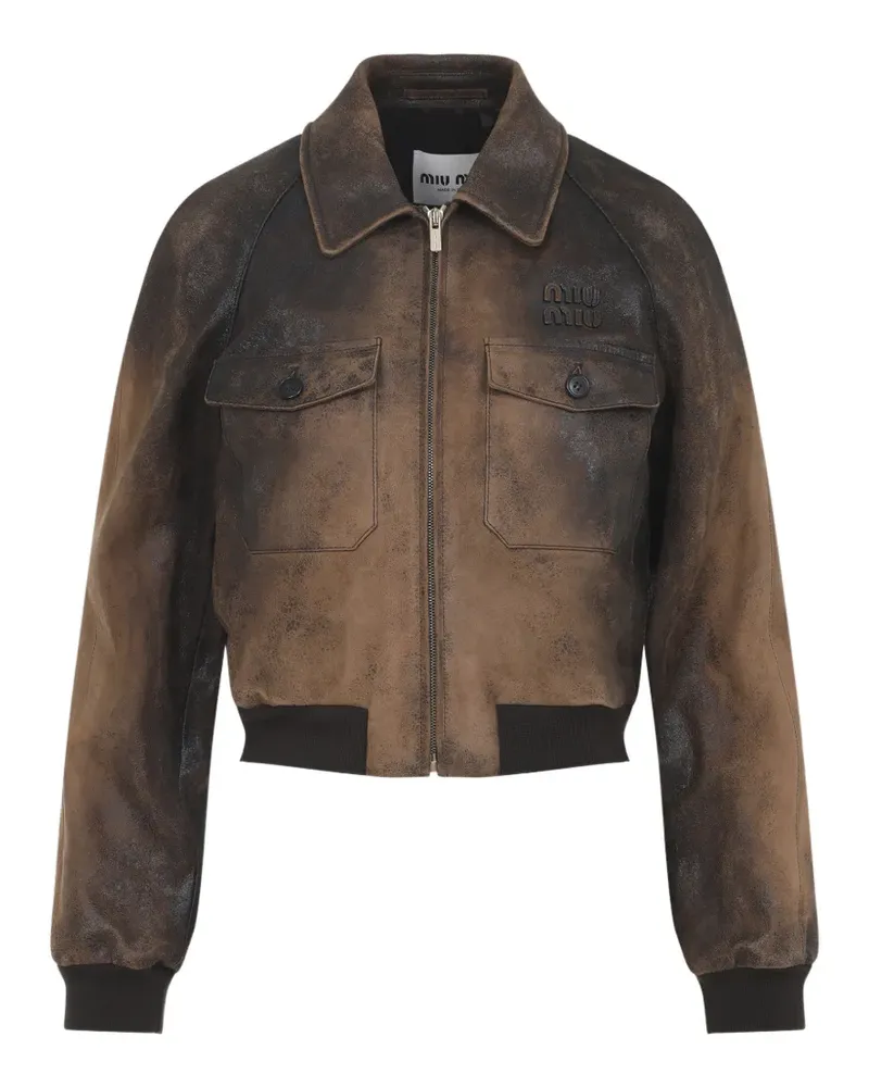 Miu Miu pocket logo leather jacket - Braun Braun