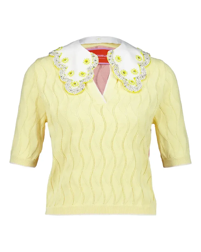 La DoubleJ pointelle-knit embroidered-collar T-shirt - Gelb Gelb