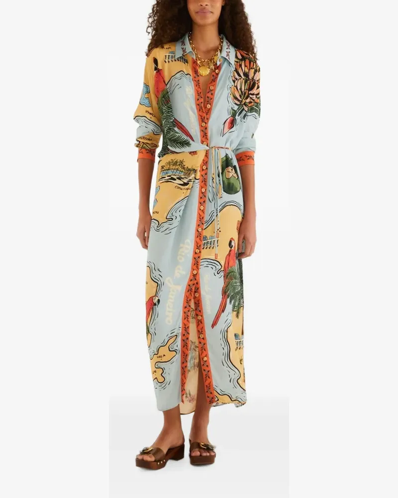 FARM Rio Mehrfarbiges Beaches Path Maxikleid mit Kragen - Blau Blau