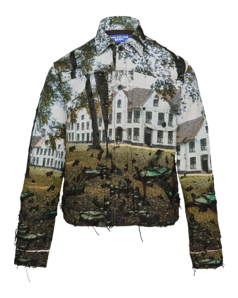 Junya Watanabe house-landscape-print distressed jacket - Grün Grün