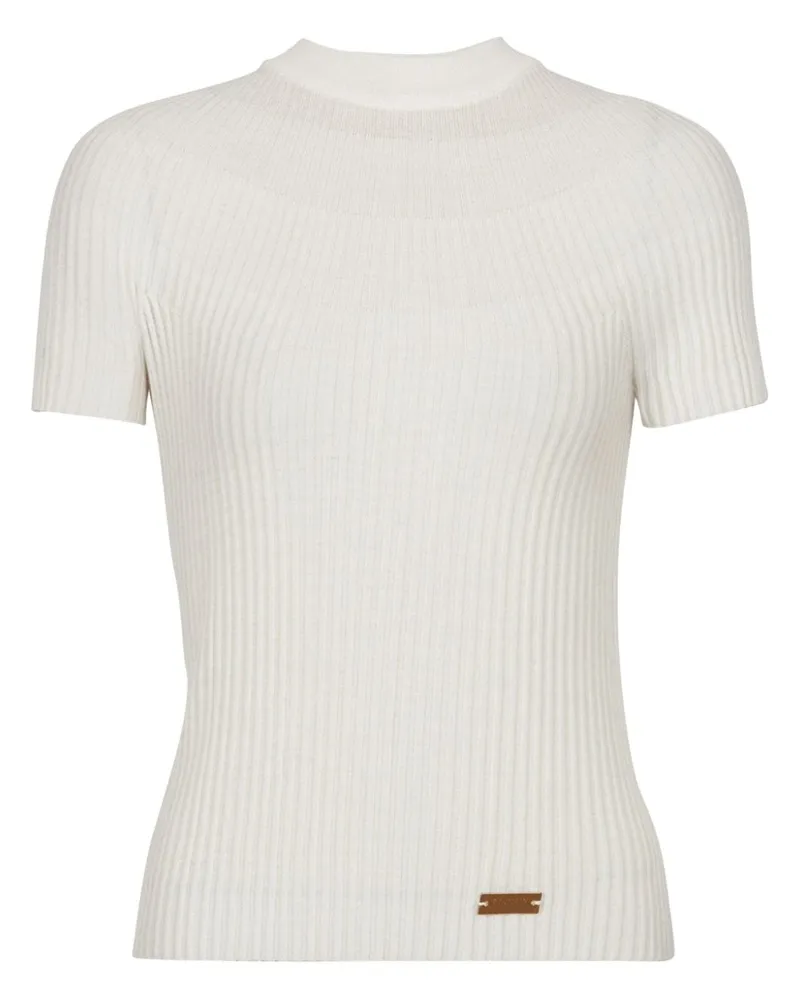 Balmain Geripptes Stricktop mit Logo-Schild Nude