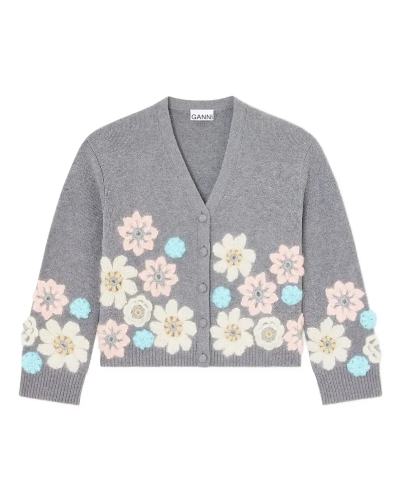 Ganni Cardigan mit Blumenapplikation - Grau Grau