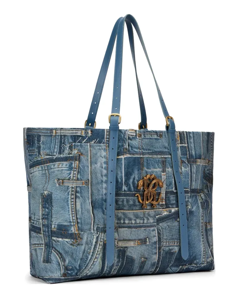 Roberto Cavalli denim-patchwork snake-monogram tote bag - Blau Blau
