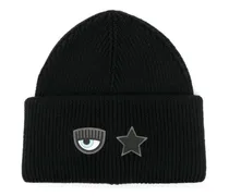 Gerippte Beanie mit Logo-Patch - Schwarz