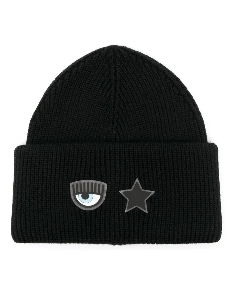 Chiara Ferragni Gerippte Beanie mit Logo-Patch - Schwarz Schwarz