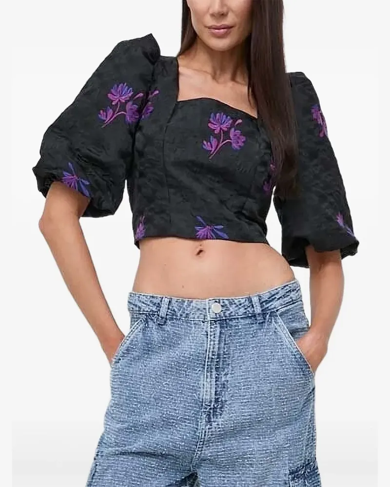 Custommade Top mit Blumen-Stickerei - Schwarz Schwarz