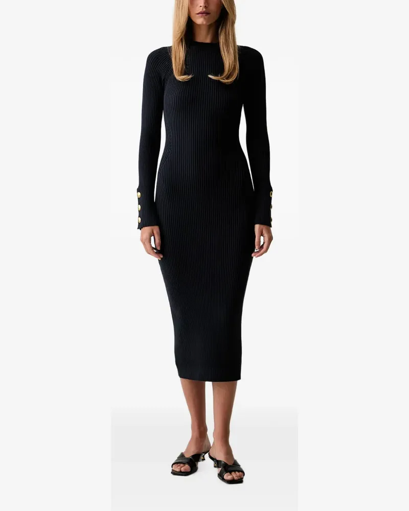 Twin-Set Geripptes Midikleid mit Knopfmanschetten - Schwarz Schwarz