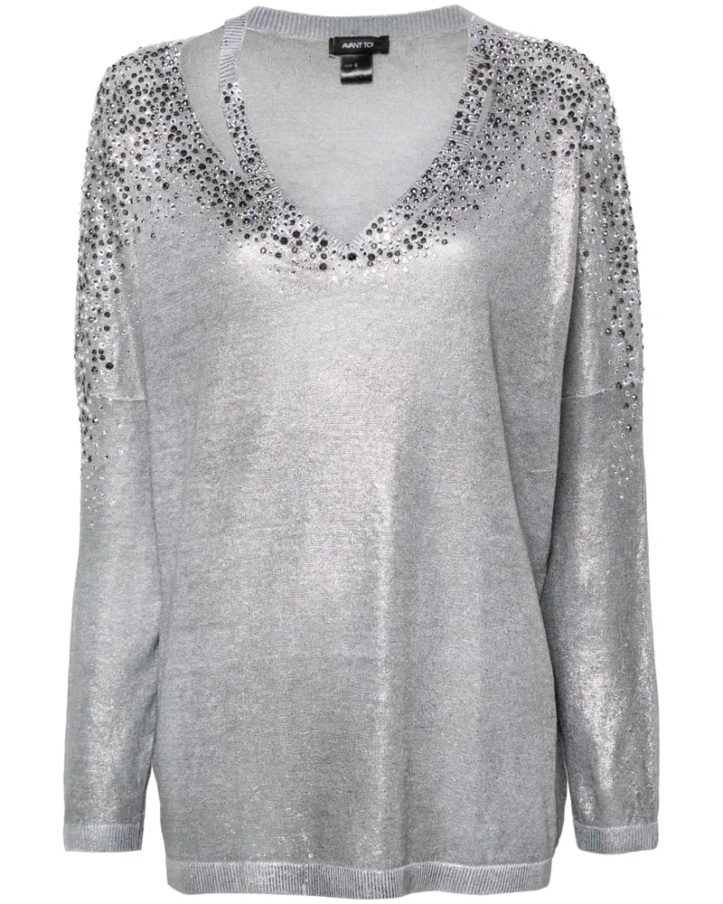 Avant Toi Kristallverzierter Pullover mit V-Ausschnitt - Grau Grau