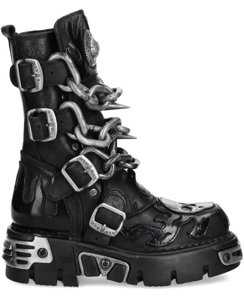 New Rock Stiefel mit Flammen-Totenkopf - Schwarz Schwarz
