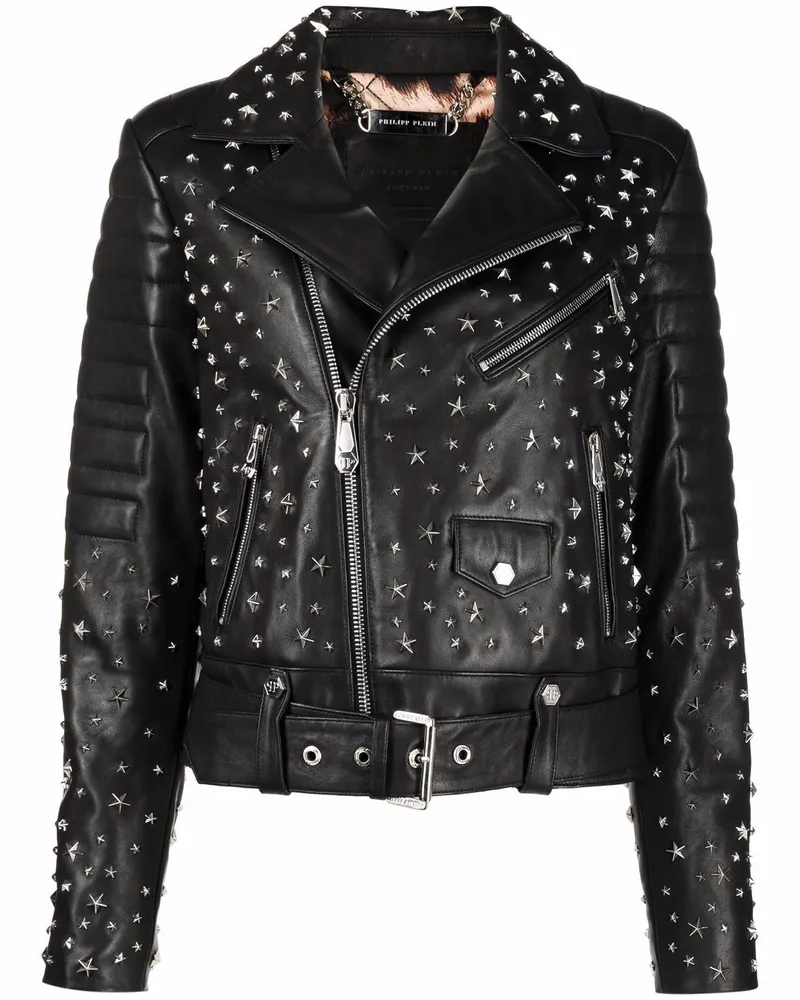 Philipp Plein Bikerjacke mit Sternnieten - Schwarz Schwarz