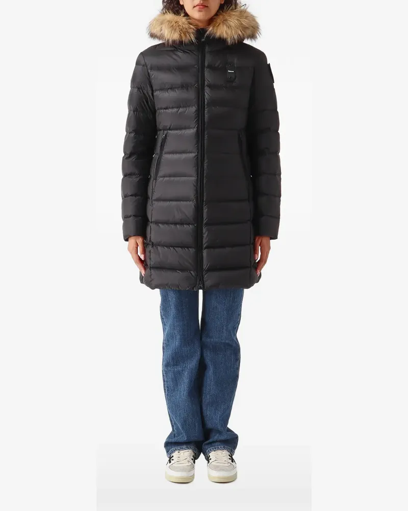 Blauer Daunenmantel mit Faux Fur - Schwarz Schwarz