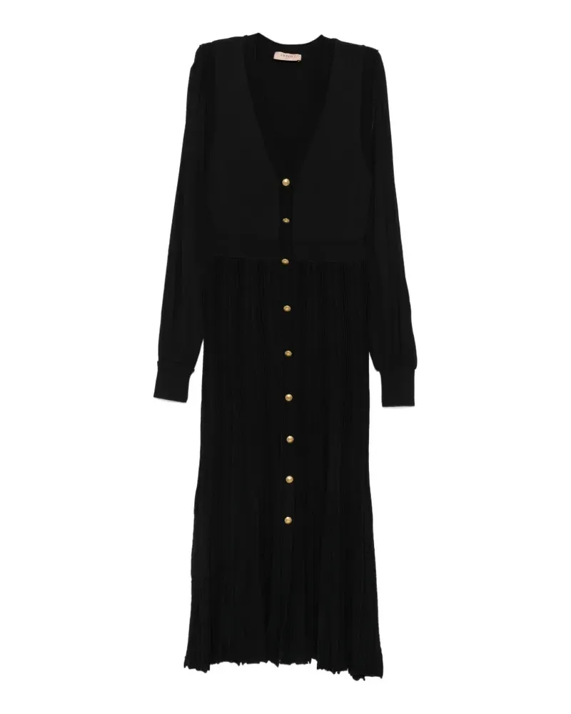 Twin-Set Geripptes Midikleid mit Knopfleiste - Schwarz Schwarz