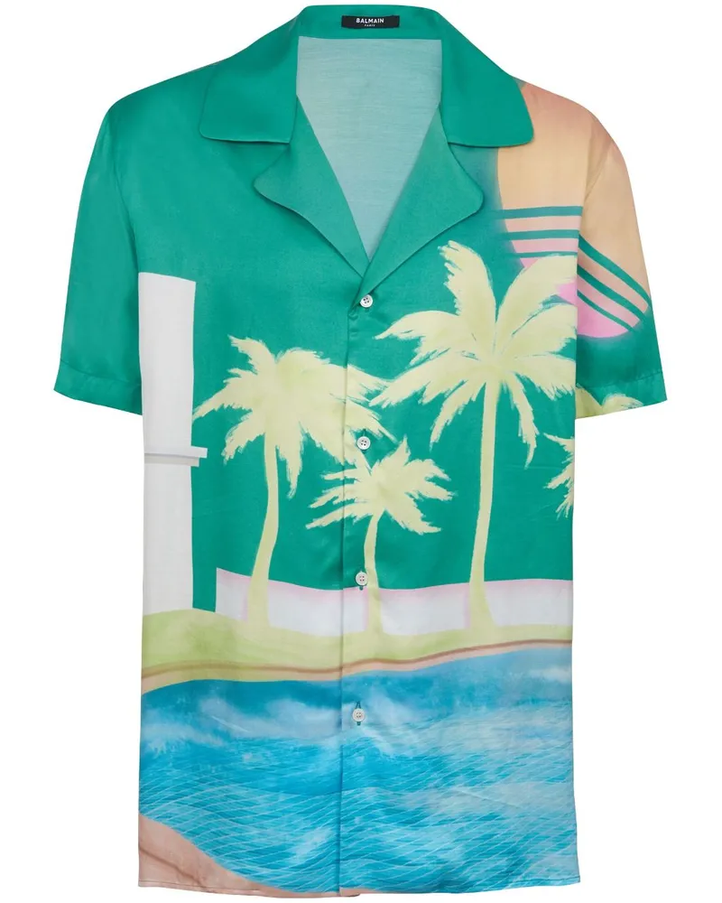 Balmain Satinhemd mit grafischem Print - Grün Grün