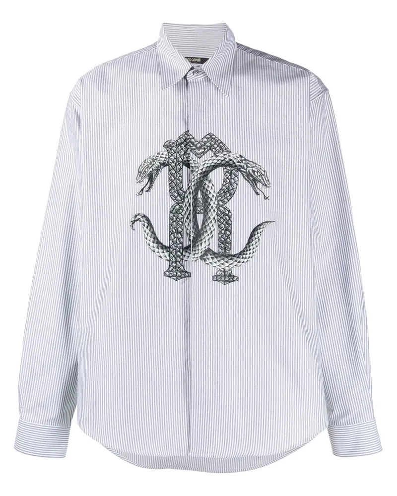 Roberto Cavalli Gestreiftes Hemd mit Mirror Snake-Print - Grau Grau